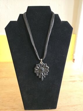 Black Floral Pendant Multi-Strand Necklace